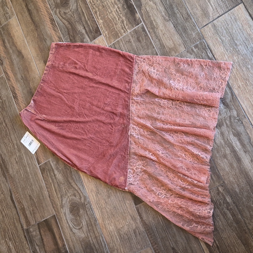 0/2 Free People Asymmetrical Crushed Velvet & Lace Midi Skirt, Side Zipper - Picture 12 of 12